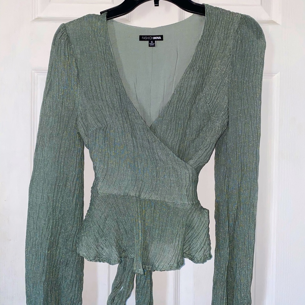 Crinkled Shimmery Tie Back Blouse